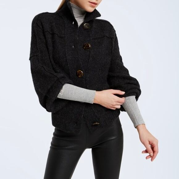 Tory Burch Jillian Wool Chunky Sweater Cardigan Charcoal Gray Sz XS Button Front - Picture 8 of 16